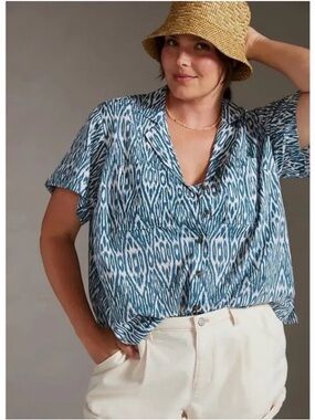 Pilcro Anthropologie Brand Teal Ikat Short-Sleeve Button-Down Surf Shirt